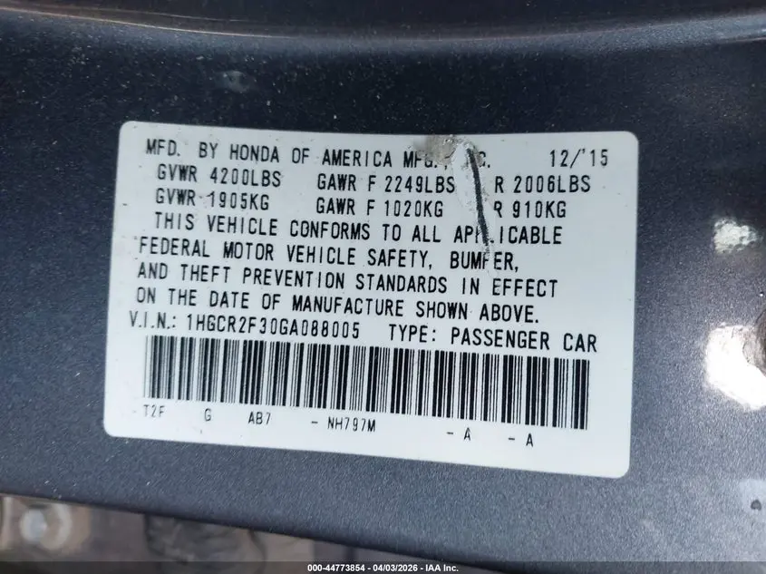 2016 HONDA ACCORD LX