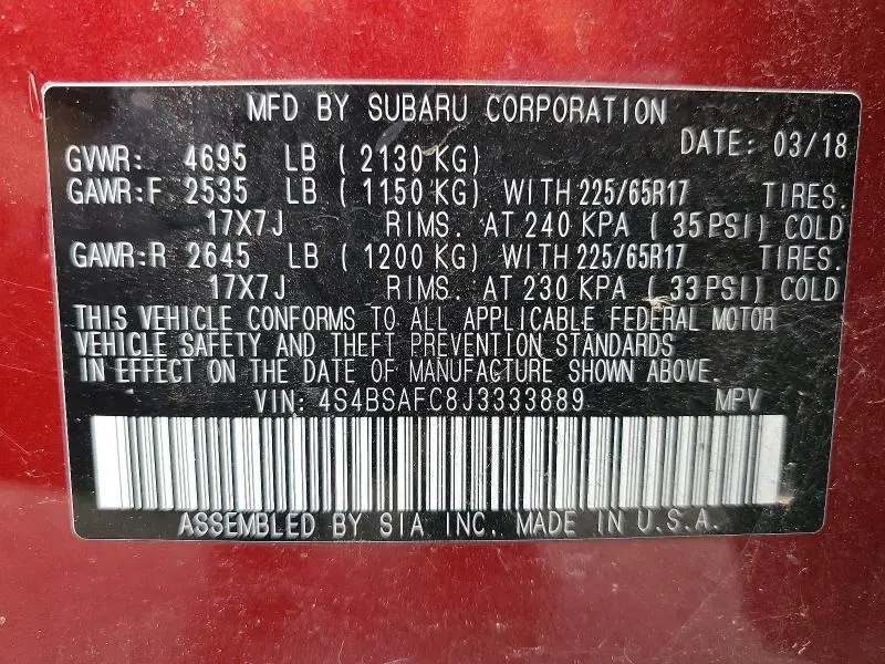 2018 SUBARU OUTBACK 2.5I PREMIUM  