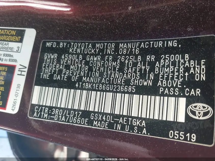 2016 TOYOTA AVALON XLE