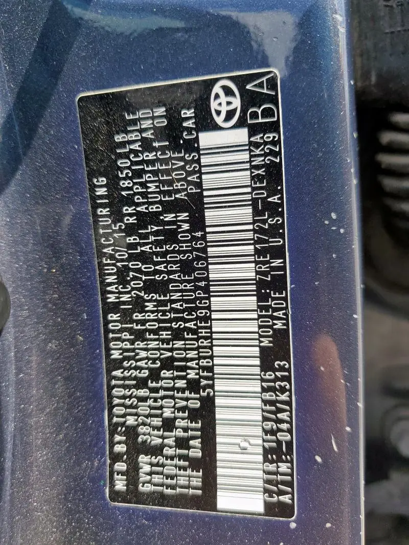 2016 TOYOTA COROLLA L  