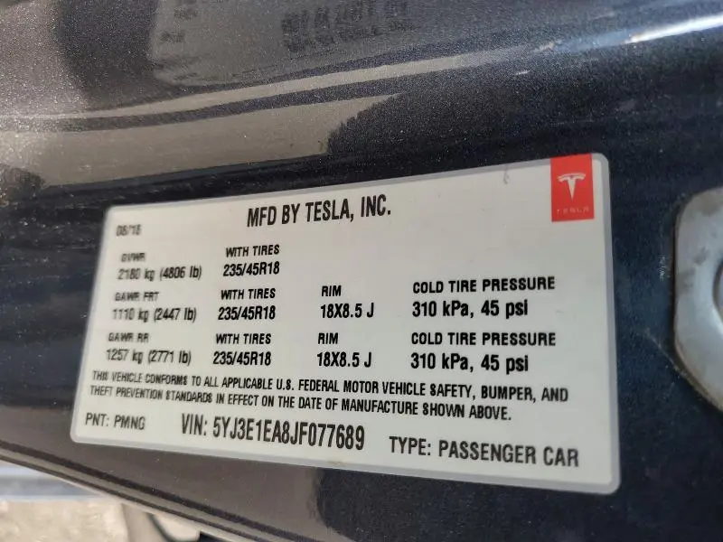 2018 TESLA MODEL 3   