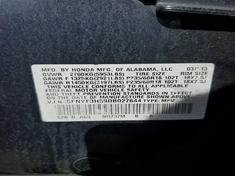 2013 HONDA PILOT EXL  