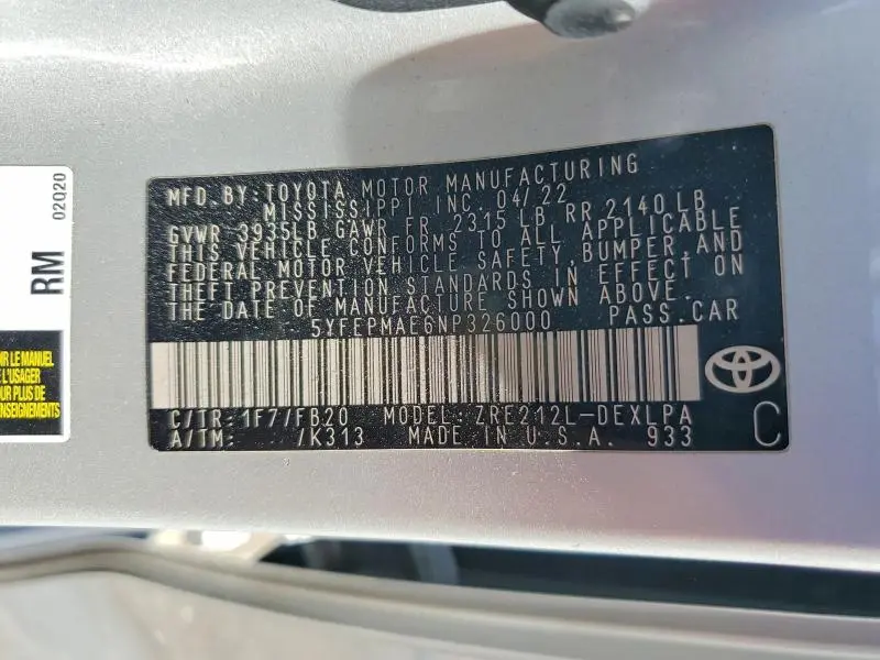 2022 TOYOTA COROLLA LE  