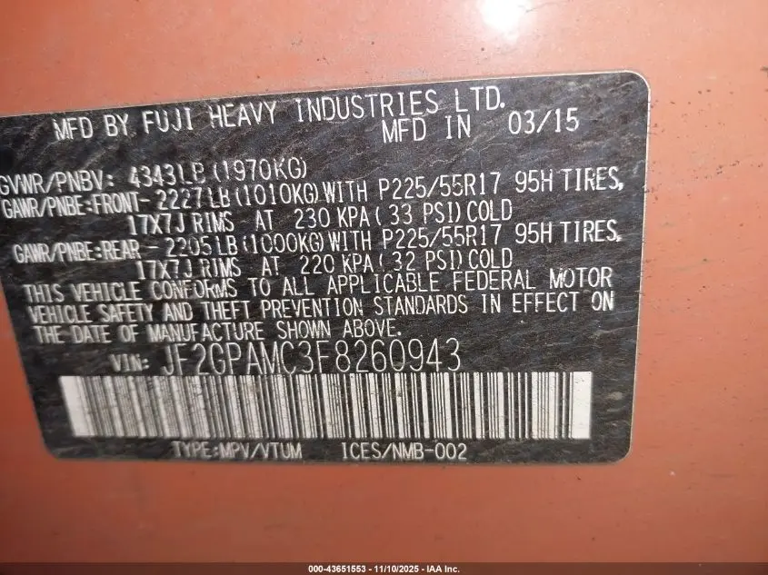 2015 SUBARU XV CROSSTREK 2.0I LIMITED