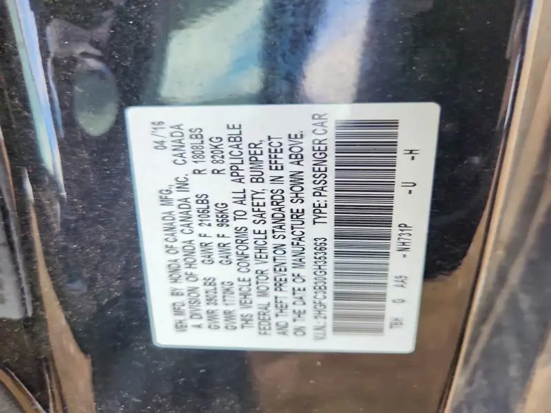 2016 HONDA CIVIC EX  