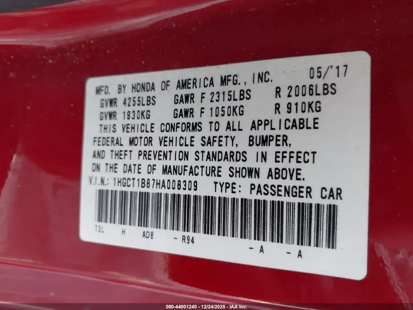 2017 HONDA ACCORD EX-L