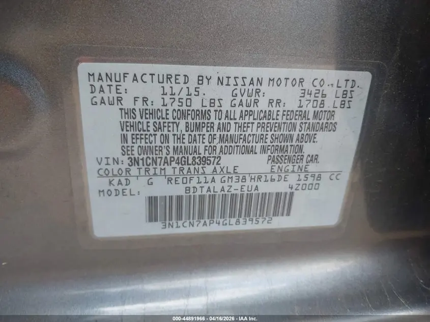 2016 NISSAN VERSA 1.6 S+
