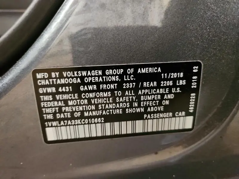 2019 VOLKSWAGEN PASSAT WOLFSBURG  