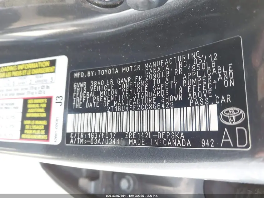 2012 TOYOTA COROLLA S