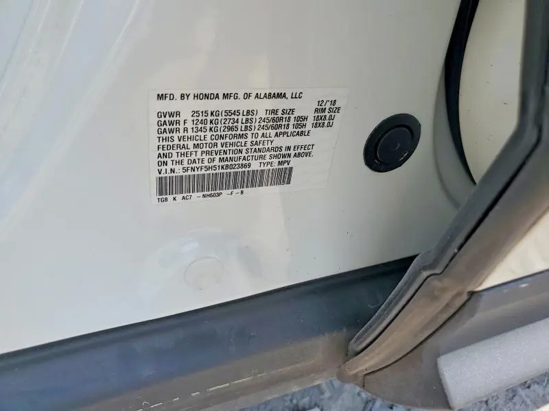 2019 HONDA PILOT EXL  