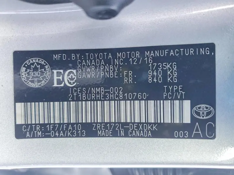 2017 TOYOTA COROLLA L  