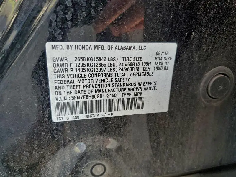 2016 HONDA PILOT EXL  