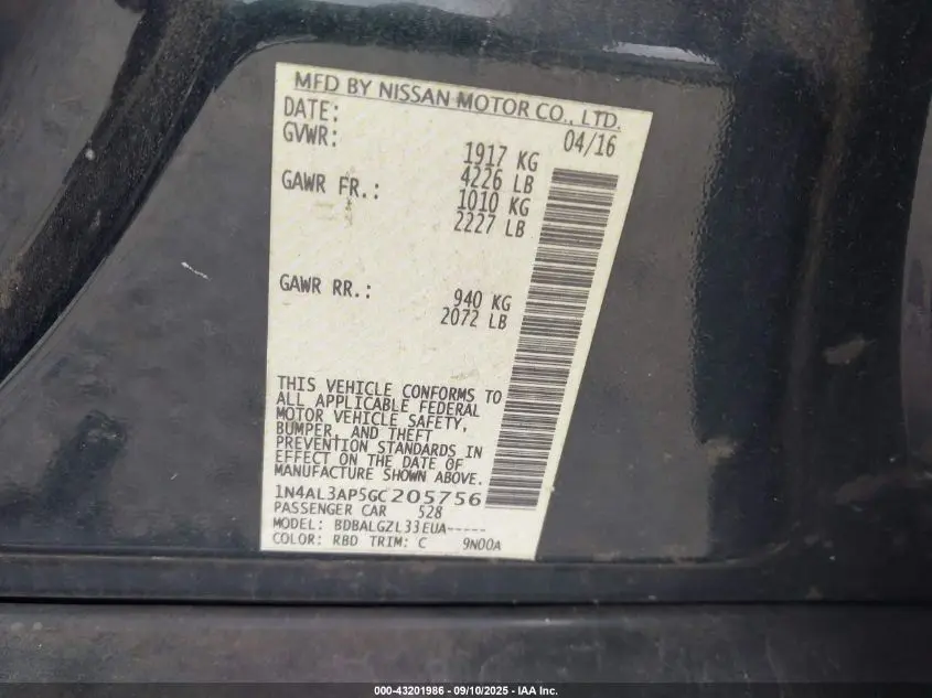 2016 NISSAN ALTIMA 2.5 S