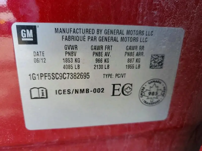 2012 CHEVROLET CRUZE LT  