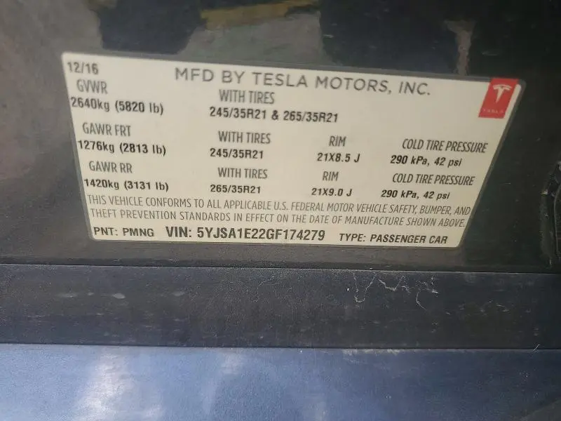 2016 TESLA MODEL S   