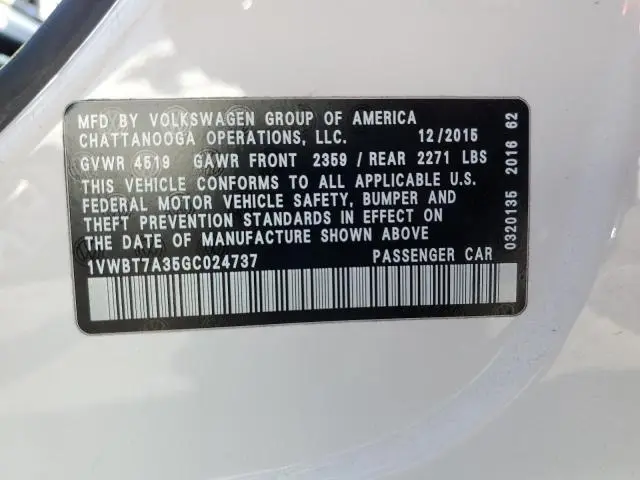 2016 VOLKSWAGEN PASSAT SE  