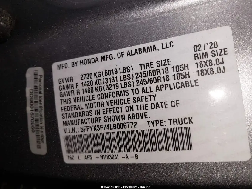 2020 HONDA RIDGELINE RTL-E