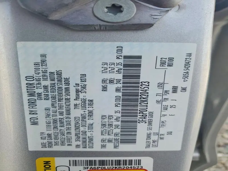 2019 FORD FUSION SE  