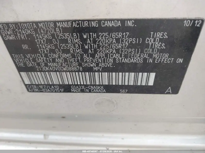 2012 TOYOTA RAV4 LIMITED V6