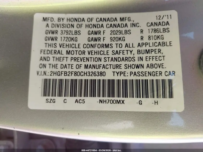 2012 HONDA CIVIC EX
