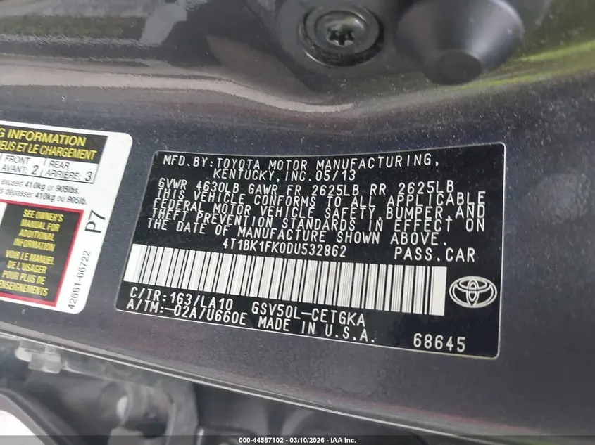 2013 TOYOTA CAMRY XLE V6