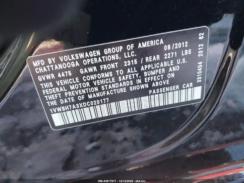 2013 VOLKSWAGEN PASSAT 2.5L SE