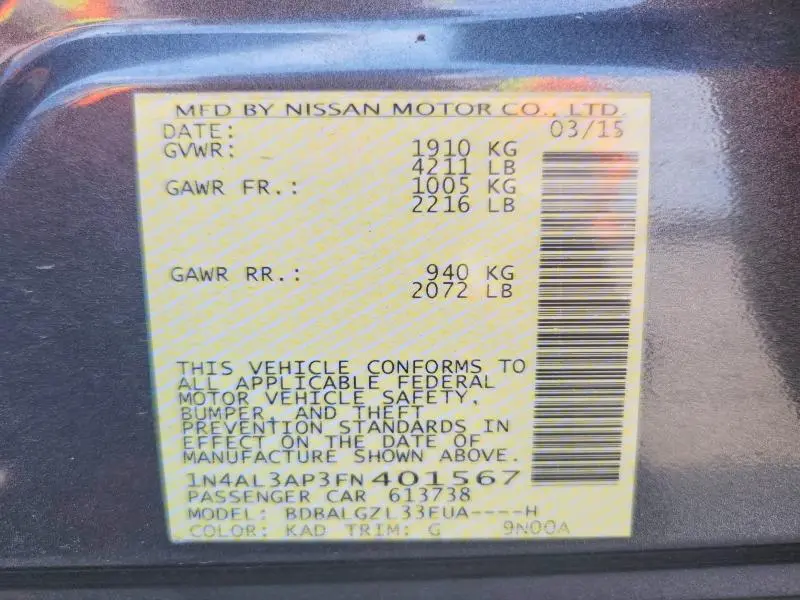 2015 NISSAN ALTIMA 2.5 S  