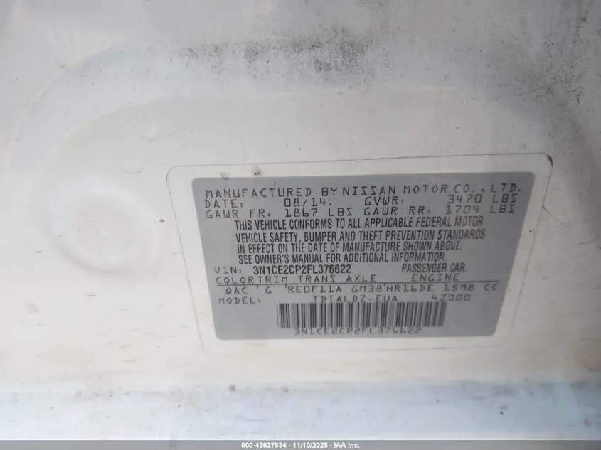 2015 NISSAN VERSA NOTE S (SR)/S PLUS/SL/SR/SV