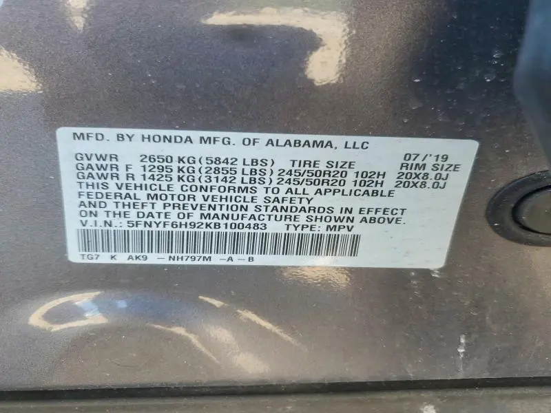 2019 HONDA PILOT TOURING  