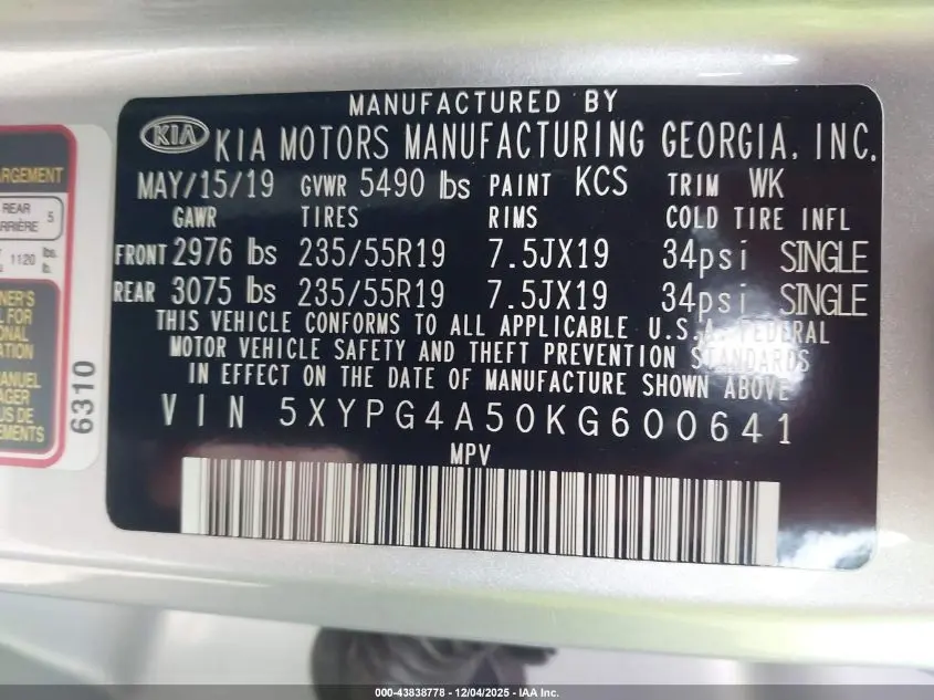 2019 KIA SORENTO 3.3L S