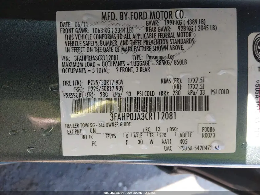 2012 FORD FUSION SEL