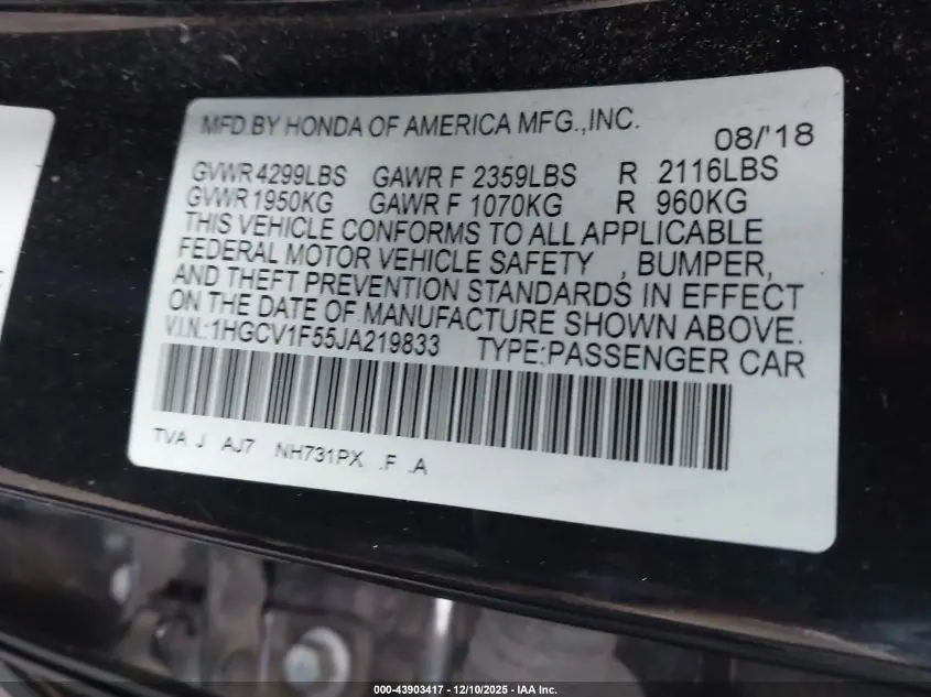 2018 HONDA ACCORD EX-L