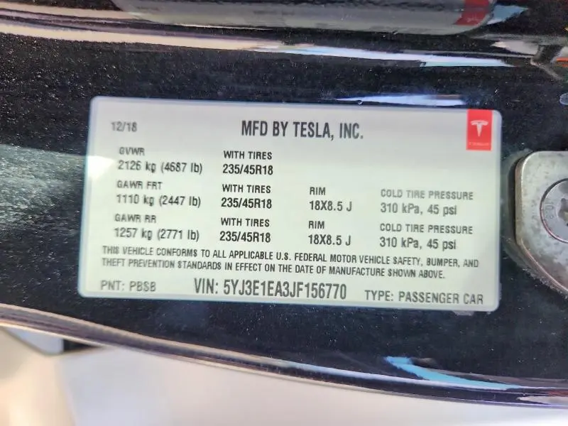 2018 TESLA MODEL 3   