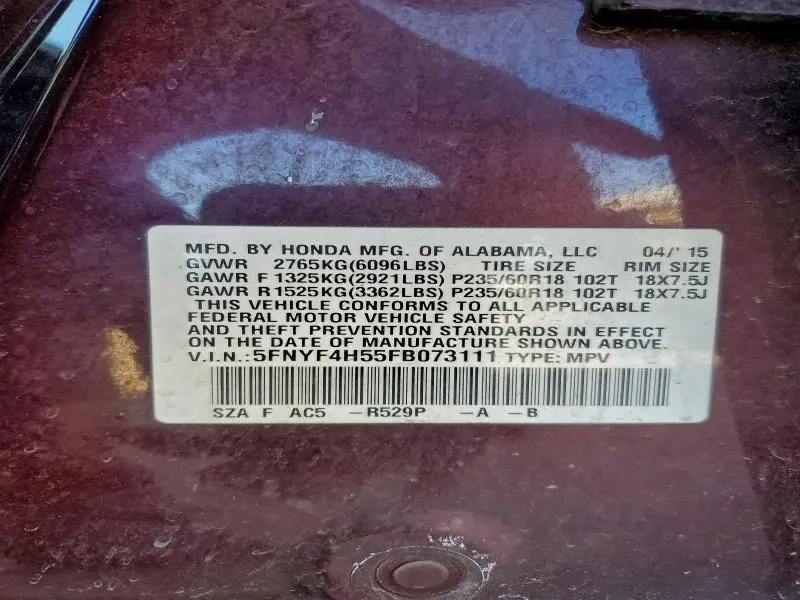 2015 HONDA PILOT EXL  