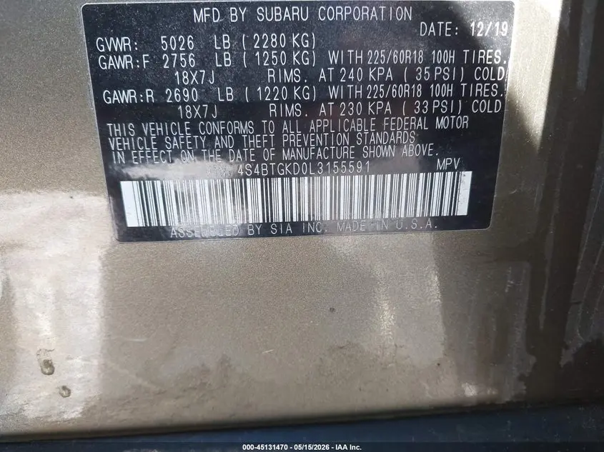 2020 SUBARU OUTBACK ONYX EDITION XT