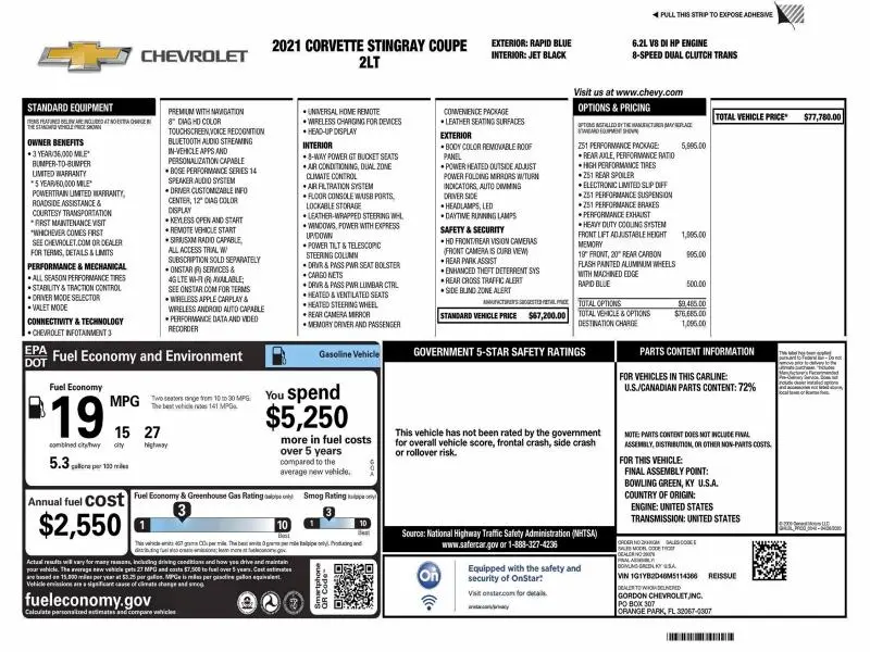 2021 CHEVROLET CORVETTE STINGRAY 2LT  