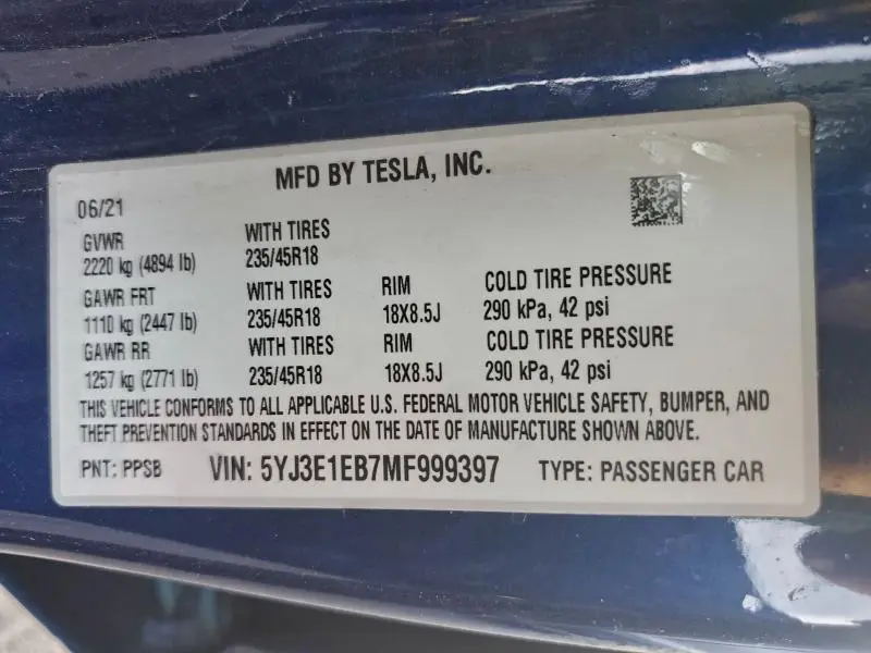 2021 TESLA MODEL 3   