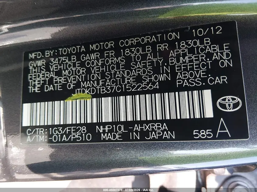 2012 TOYOTA PRIUS C FOUR/ONE/THREE/TWO