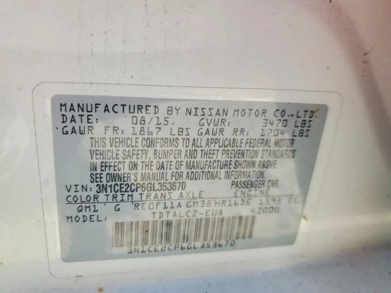 2016 NISSAN VERSA NOTE S PLUS  