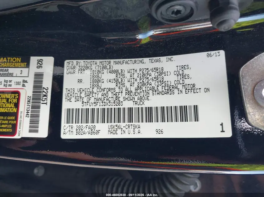 2013 TOYOTA TUNDRA GRADE 5.7L V8