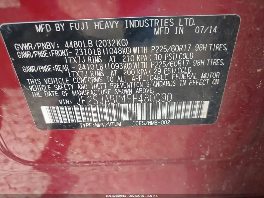 2015 SUBARU FORESTER 2.5I