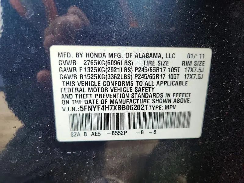 2011 HONDA PILOT EXLN  