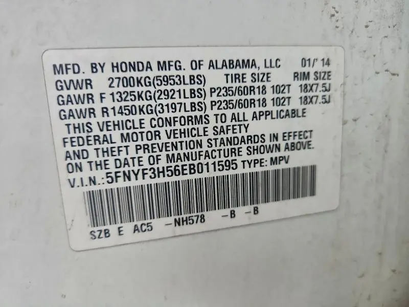 2014 HONDA PILOT EXL  