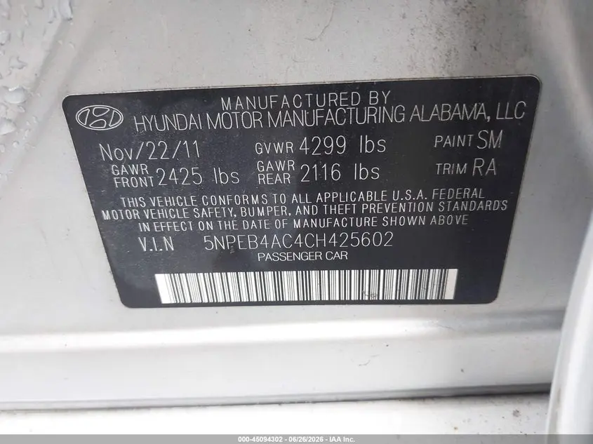 2012 HYUNDAI SONATA GLS