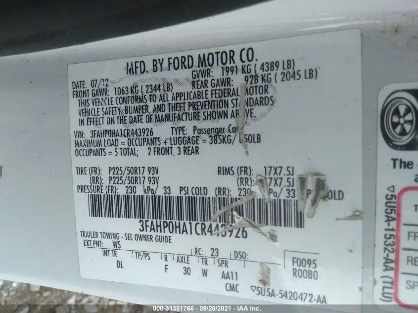 2012 FORD FUSION SE