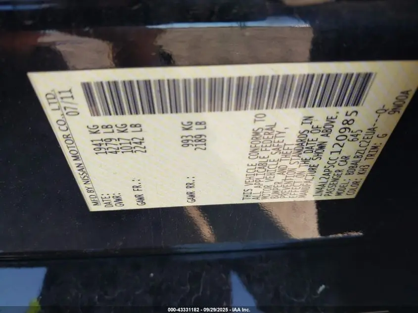 2012 NISSAN ALTIMA 2.5 S