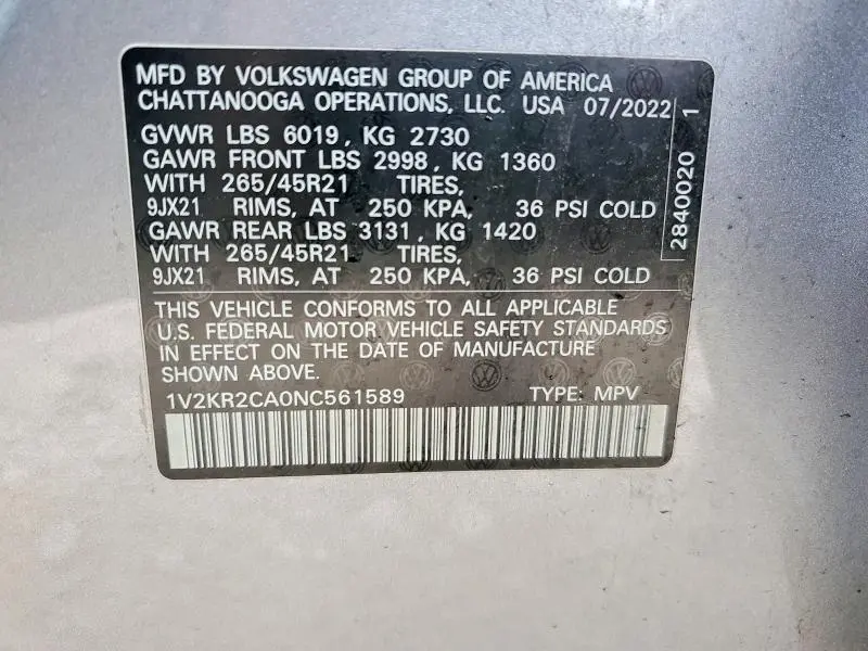 2022 VOLKSWAGEN ATLAS SE  
