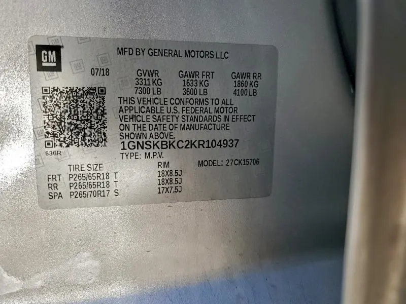 2019 CHEVROLET TAHOE K1500 LT  