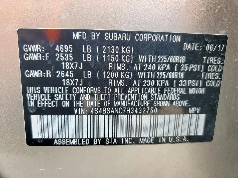 2017 SUBARU OUTBACK 2.5I LIMITED  