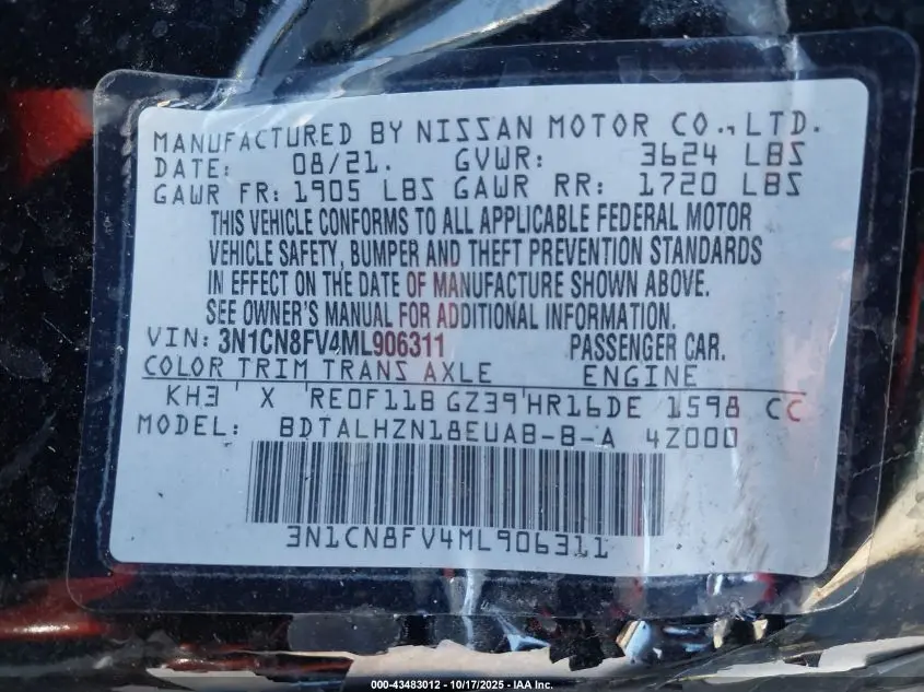 2021 NISSAN VERSA SR XTRONIC CVT